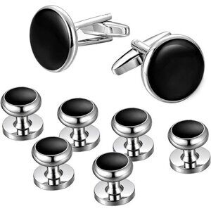 Mens Cufflinks & Studs Set Tuxedo Shirts Classic Black&Silver Match for Business